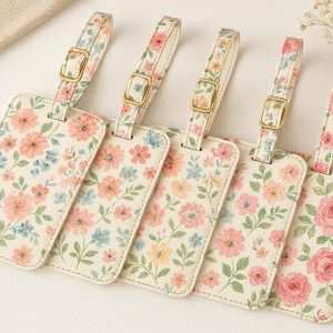 Aesthetic Floral Printed Luggage Tags PU Leather Travel Bag ID Label Holder Privacy Cover Suitcase Identifier Women