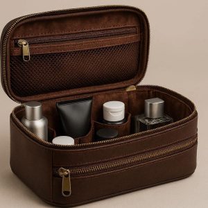 Faux Leather Toiletry Bag Deluxe Travel Wash Organizer Case Velvet Lining Multi Compartment Dopp Kit For Men