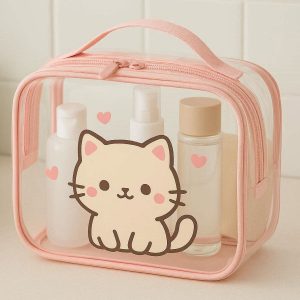 Cute Cat Plastic Toiletry Bag Waterproof Cosmetic Makeup Organizer Box Clear Travel Wash Pouch For Girls Kids