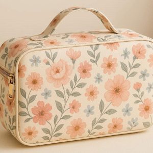 Aesthetic Floral Printed Toiletry Bag PU Leather Cosmetic Storage Case Travel Wash Organizer Pouch Wallet For Women