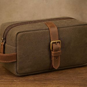 Canvas Leather Toiletry Bag Vintage Travel Wash Organizer Case Heavy Duty Dopp Kit Box For Men Bathroom Grooming